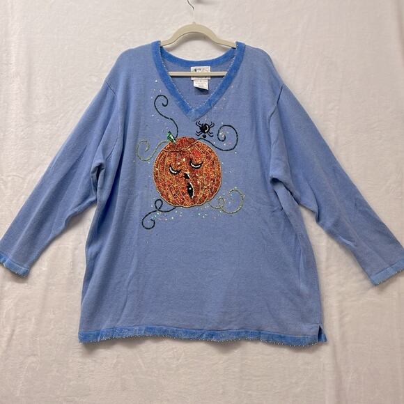 The Quaker Factory Halloween V-Neck Light Blue Sequin‎ Pumpkin Spider Sweater 2X - Picture 2 of 8